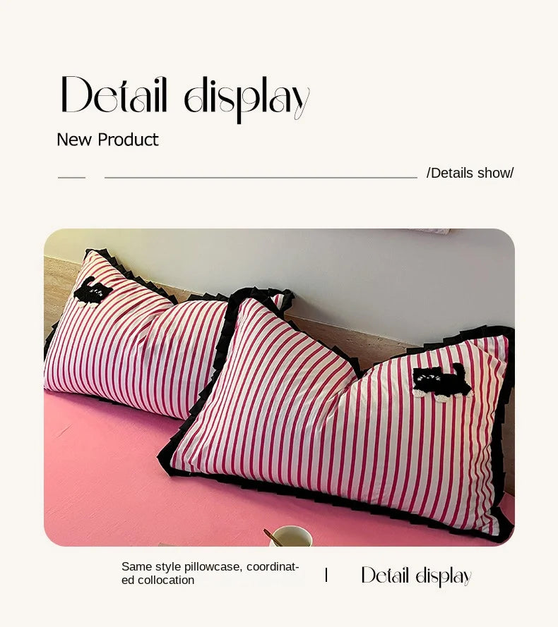 Korean Style Bedding Set Green Strip Black Cat Embroidery Washed Cotton  Duvet Cover Cute Cardboard  Bed linen Comforter Sets