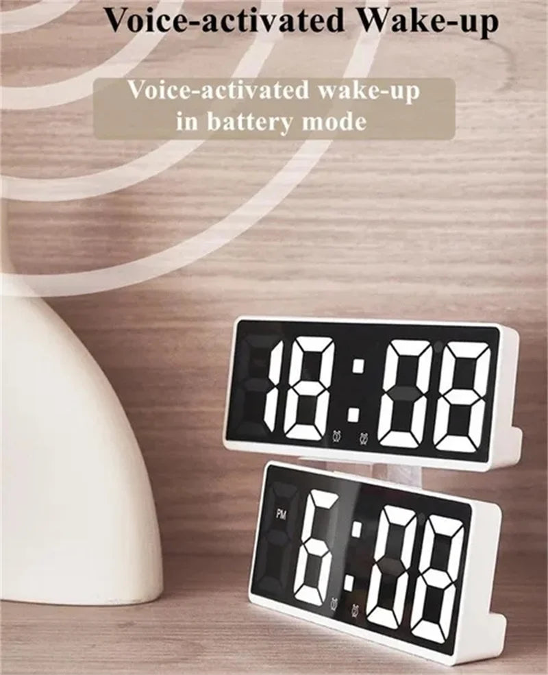 LED Digital Alarm Clock Voice-activated Mirror Double Alarm Clock Bedside Clock Temperature Snooze Electronic Watch Date Display