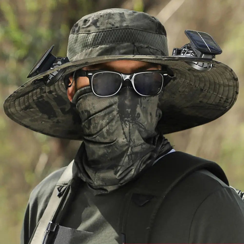 Men Fisherman Hat With 2 Solar Fan Windproof Strap USB Charging Anti-UV Large Brim Fan Sun Hat Sunlight Protection Fan Cap