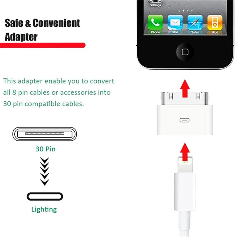 Lightning To 30Pin Adapter Female Charging Sync Converter for IPhone 4 4S IPad 2 3 IPod Touch 8Pin Male To 30 Pin Charger Cable