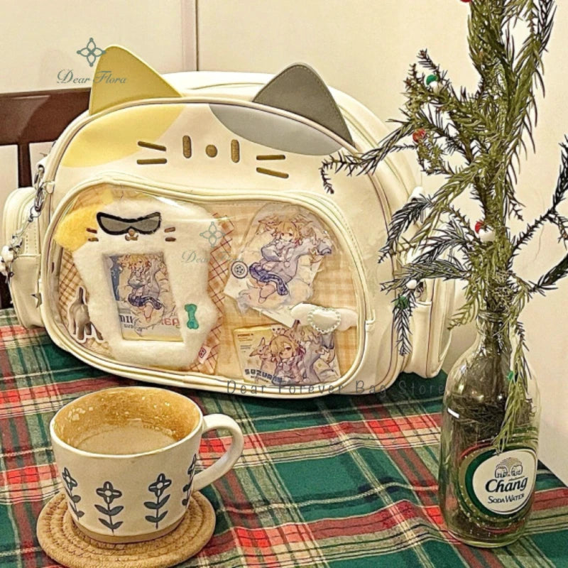 New Y2K Korean Kawaii Cat Ita Bag Cute PU Shoulder Bag Girls Transparent Pocket Harajuku Crossbody Bag Women's Fashion Backpacks