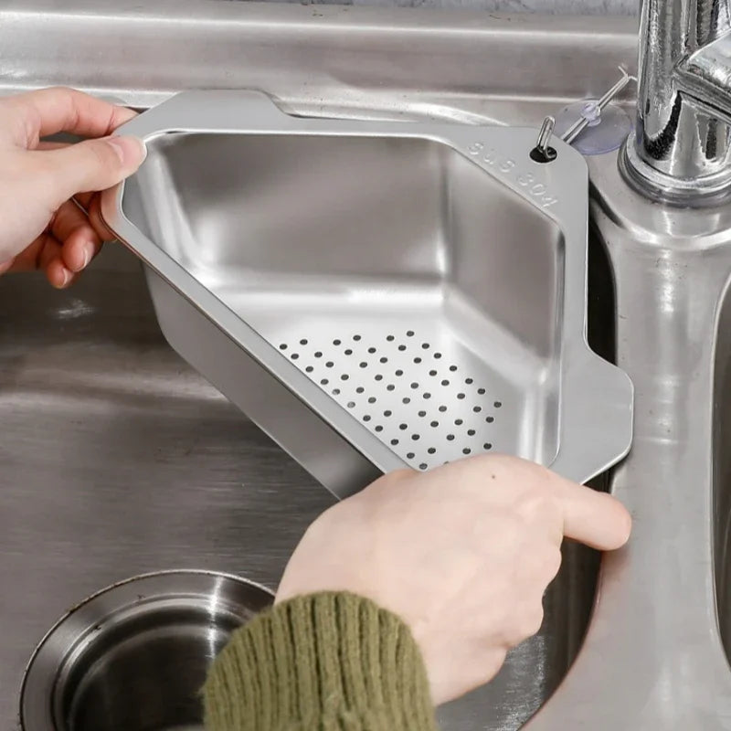 Stainless Steel Triangle Drain Basket Kitchen Sink Filter Shelf Fruit Vegetable Drainer Storage Rack Basket Bar with Suction Cup