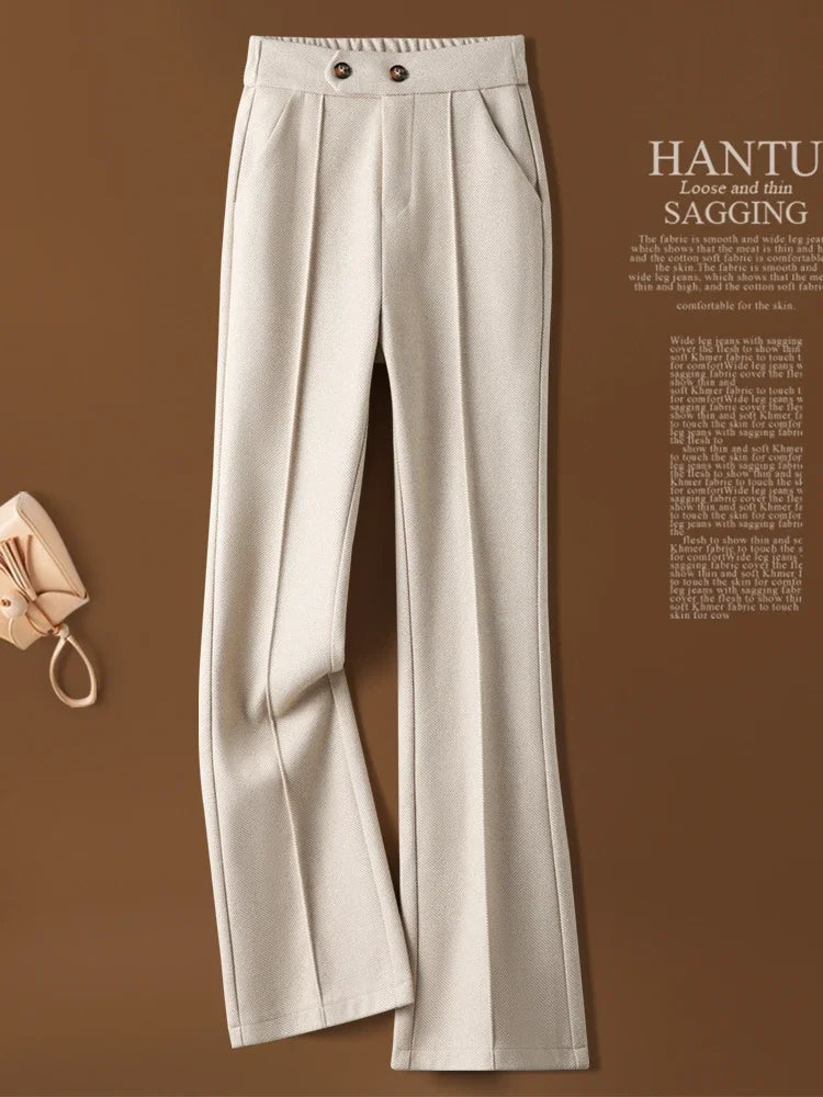 Herringbone Woolen Women's Pants Autumn and Winter 2024 New Elastic Waist Flare Pants Fashion Warm Comfort Black Trousers Women