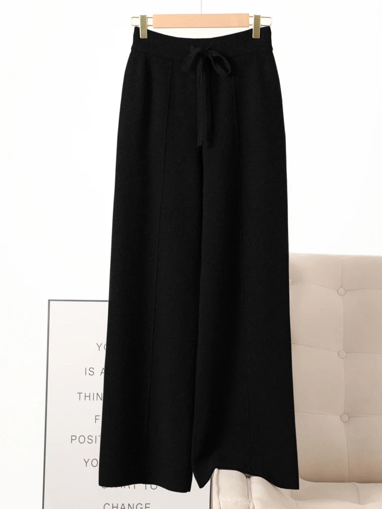 Women 100% Merino Wool Knitted Wide Leg Pants Autumn Winter Basic Soft Warm Cashmere Knit Trousers Casual Simple Style Korean