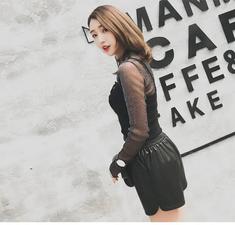 Shorts Women Ulzzang Chic Elastic Waist Pockets Loose Simple Pure Black Trendy Ins PU Leather Fall Casual 3XL Female All-match