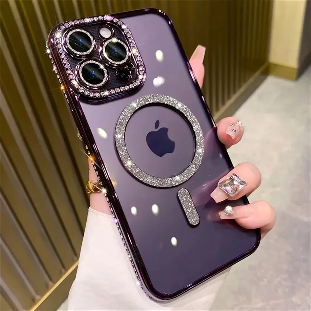 2024 New Fashion Glitter Diamond Transparent Case For iPhone 16 15 14 Plus 13 12 11 Pro Max Magnetic Wireless Charge Back Cover