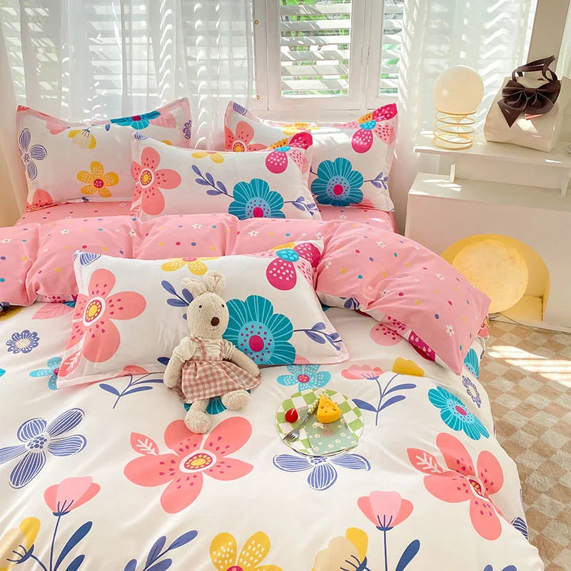 Ins Simple Style Duvet Cover Set with Pillowcases Flat Sheet No Comforter Grey Boys Girls Bedding Kit Single Twin Bed Linens