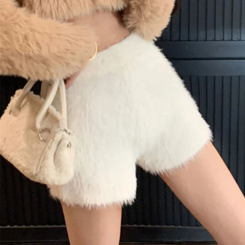 Warm Fluffy Shorts for Women High Waist Autumn Winter Korean Style Fashion Elegant Hot Sweet Female All-match Street Wear Mujer