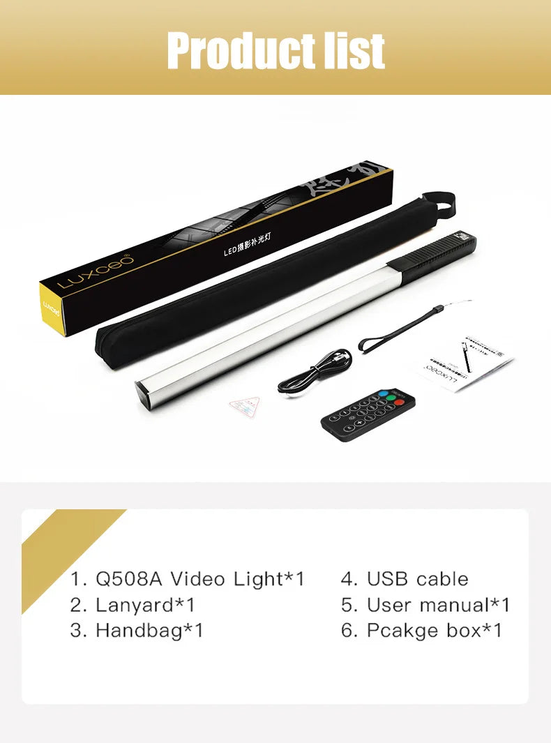 LUXCEO Q508A RGB Photography Light LED Handheld Video Tube 3000K-6000K Rechargeable Battery Studio Photo Lamp for Youtube TikTok