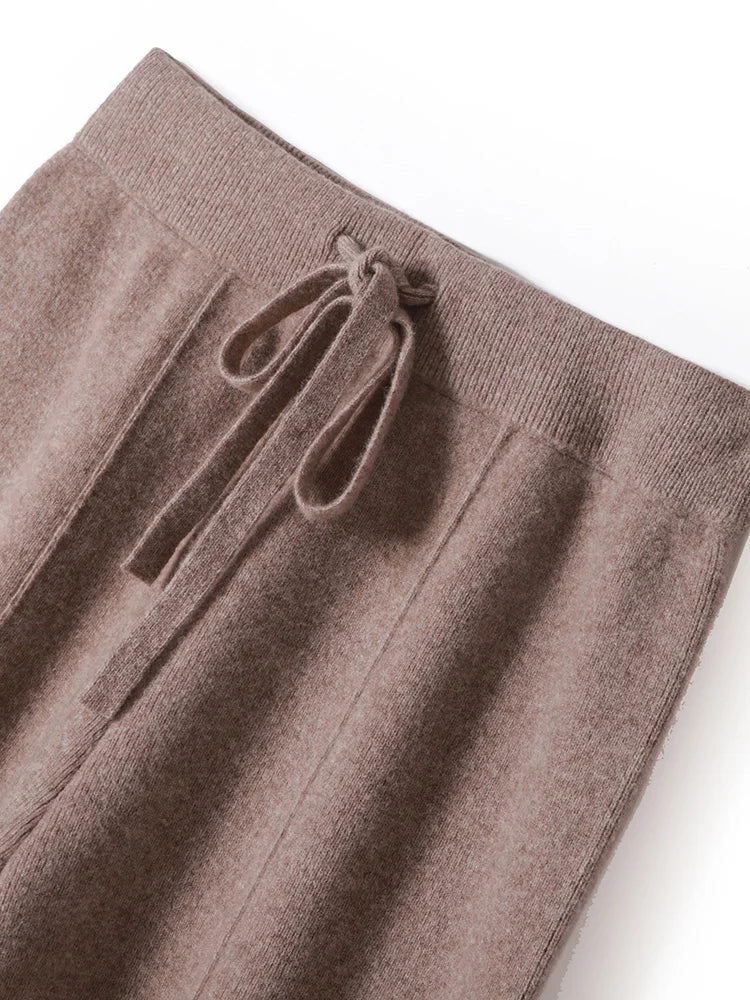Women 100% Merino Wool Knitted Wide Leg Pants Autumn Winter Basic Soft Warm Cashmere Knit Trousers Casual Simple Style Korean