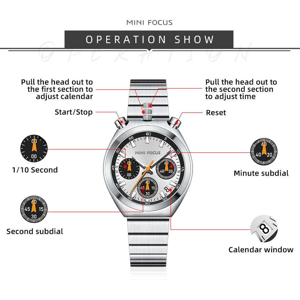 MINI FOCUS Elegant Multifunctional Watch for Women Fashion Waterproof Quartz Ladies Watches Steel Band Bull Head Wristwatch Gift