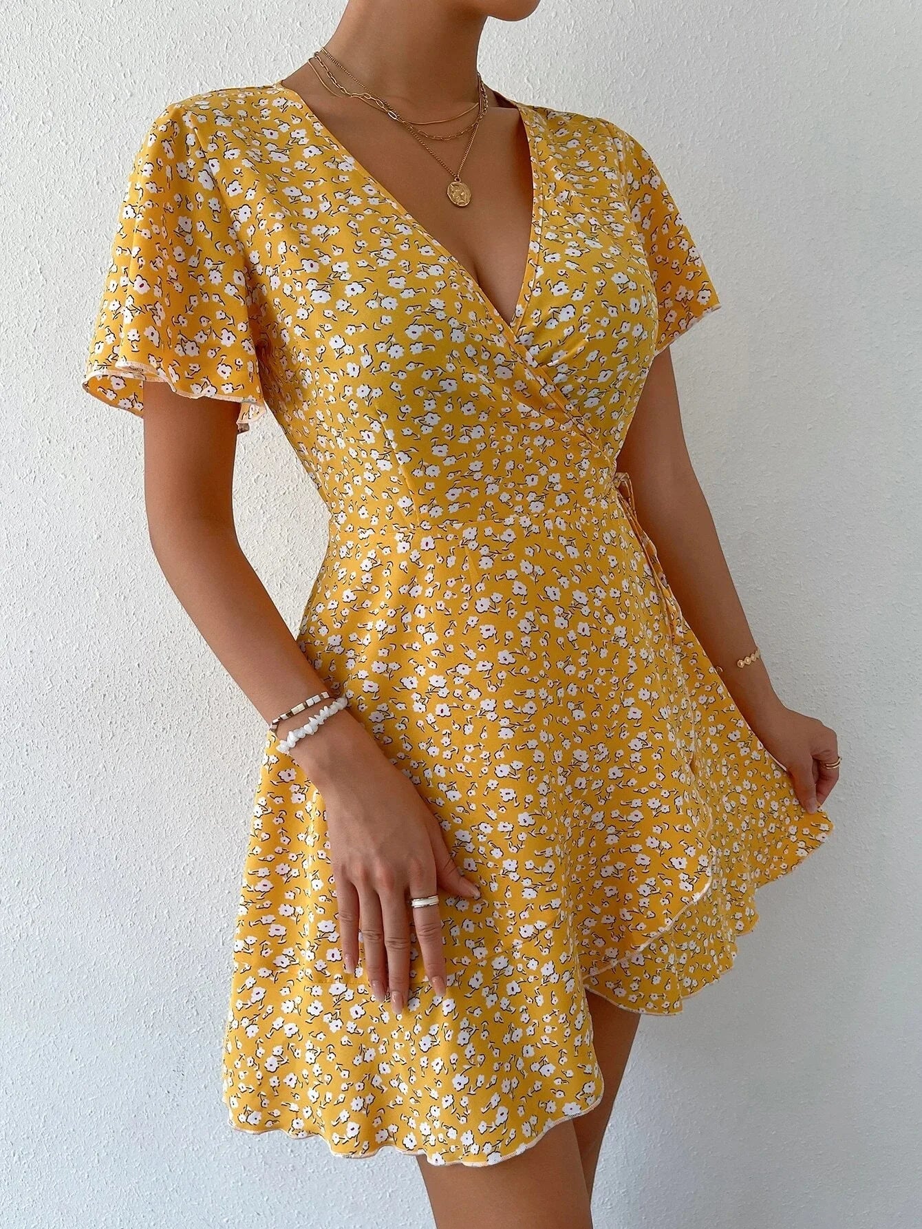 Women Sexy Printed A Line Dress Summer Bohemian V-Neck Short Sleeved Mini Dresses