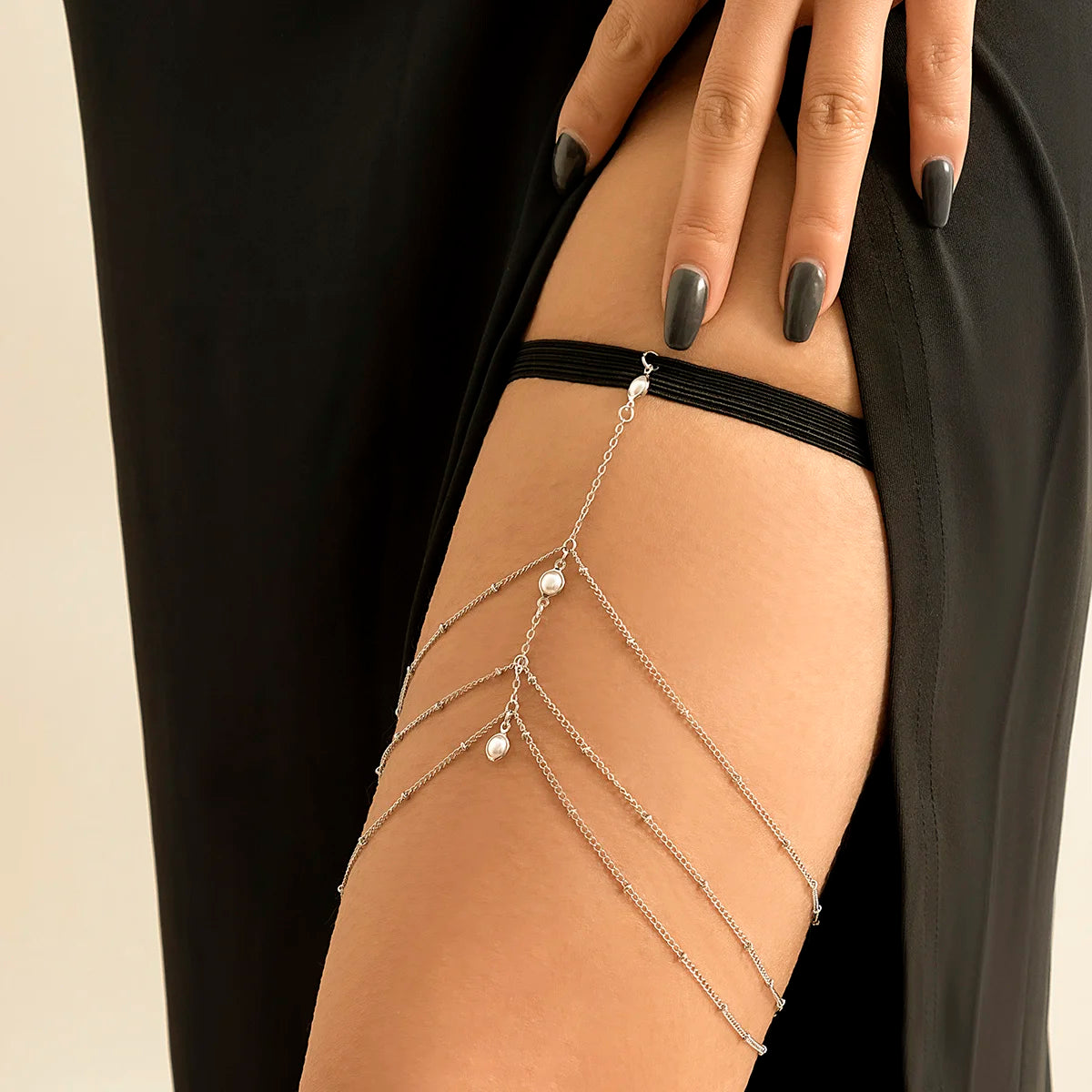 IngeSight.Z Sexy Multilayer Tassel Imitation Pearl Clip Bead Leg Chain Women Simple Adjustable Elastic Thigh Chain Body Jewelry