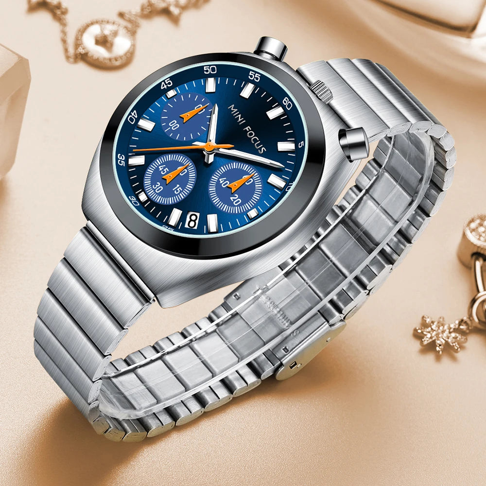MINI FOCUS Elegant Multifunctional Watch for Women Fashion Waterproof Quartz Ladies Watches Steel Band Bull Head Wristwatch Gift