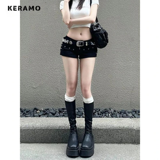 Hotsweet High Waist 2000S Black Sheath Slim Fit Y2K Denim Shorts Women's Fashion Casual Sexy Street Harajuku Style Shorts