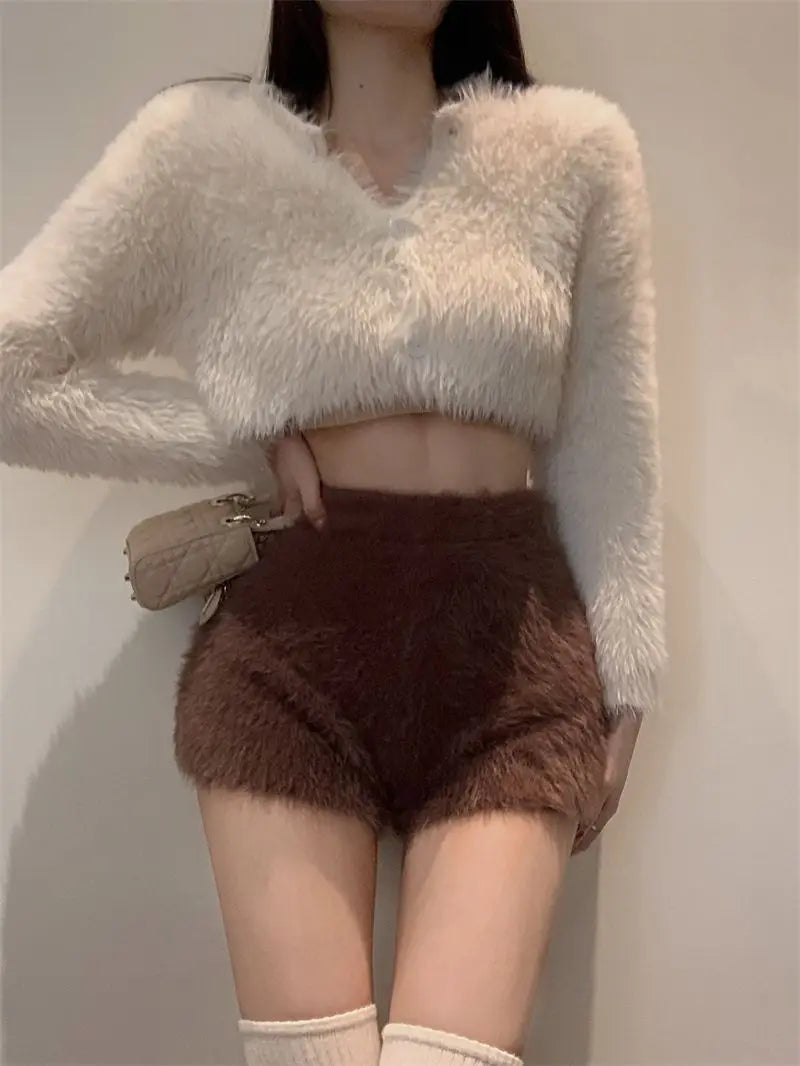 Warm Fluffy Shorts for Women High Waist Autumn Winter Korean Style Fashion Elegant Hot Sweet Female All-match Street Wear Mujer