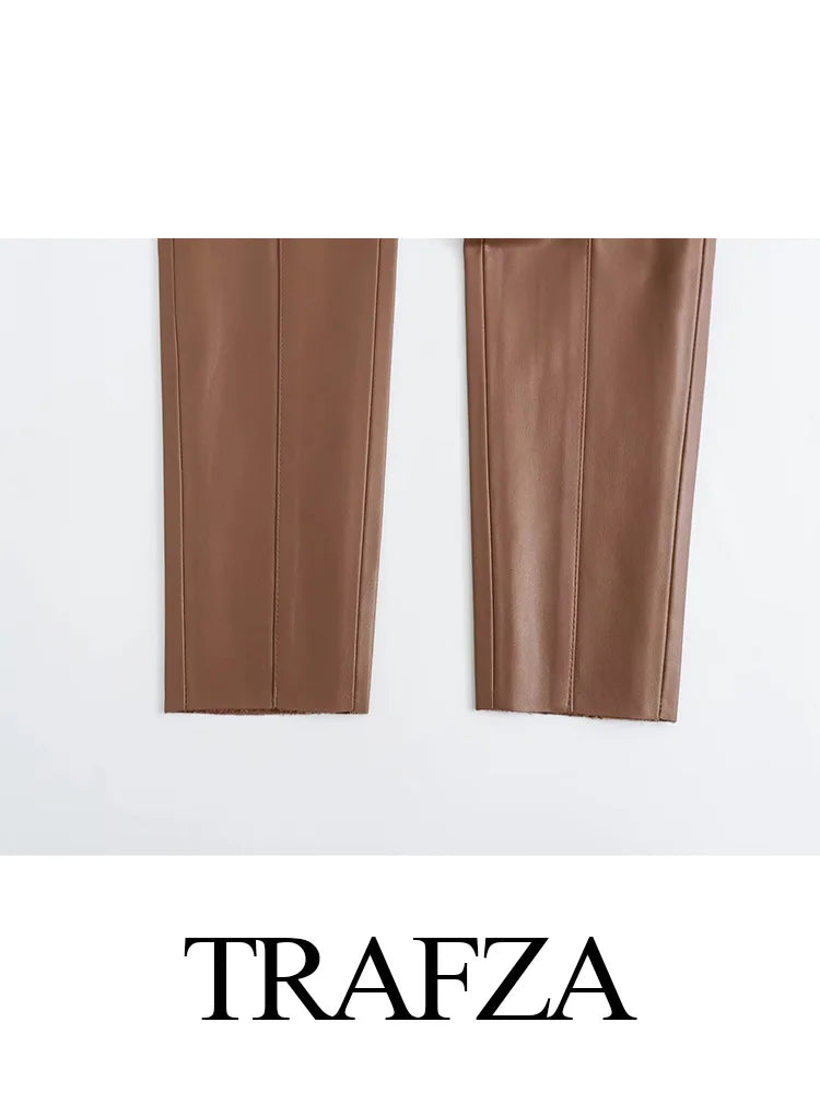 TRAFZA 2024 Women Stylish Stretch Pants Streetwear Solid High Waist Ladies PU Faux Leather Pencil Trousers Full Length Bottoms
