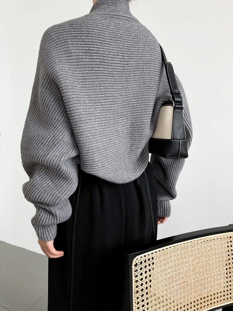 [EAM] Elegant Gray Knitting Cardigan Sweater Loose Fit V-Neck Long Sleeve Women New Fashion Tide Autumn Winter 2025 1DF2337