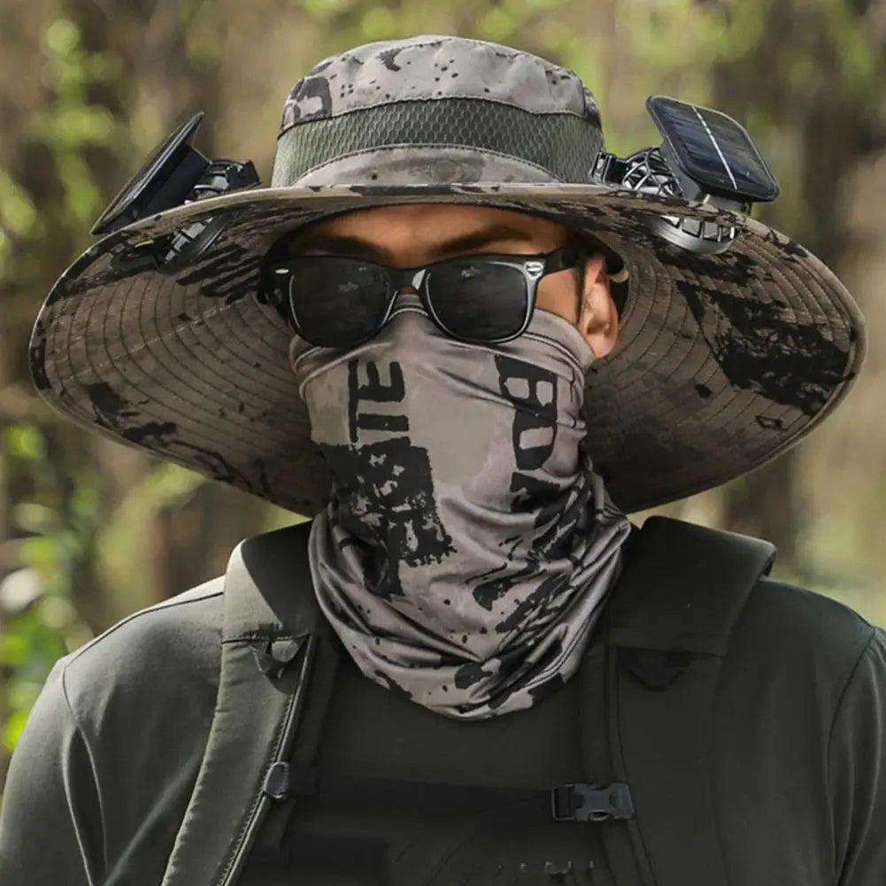 Men Fisherman Hat With 2 Solar Fan Windproof Strap USB Charging Anti-UV Large Brim Fan Sun Hat Sunlight Protection Fan Cap