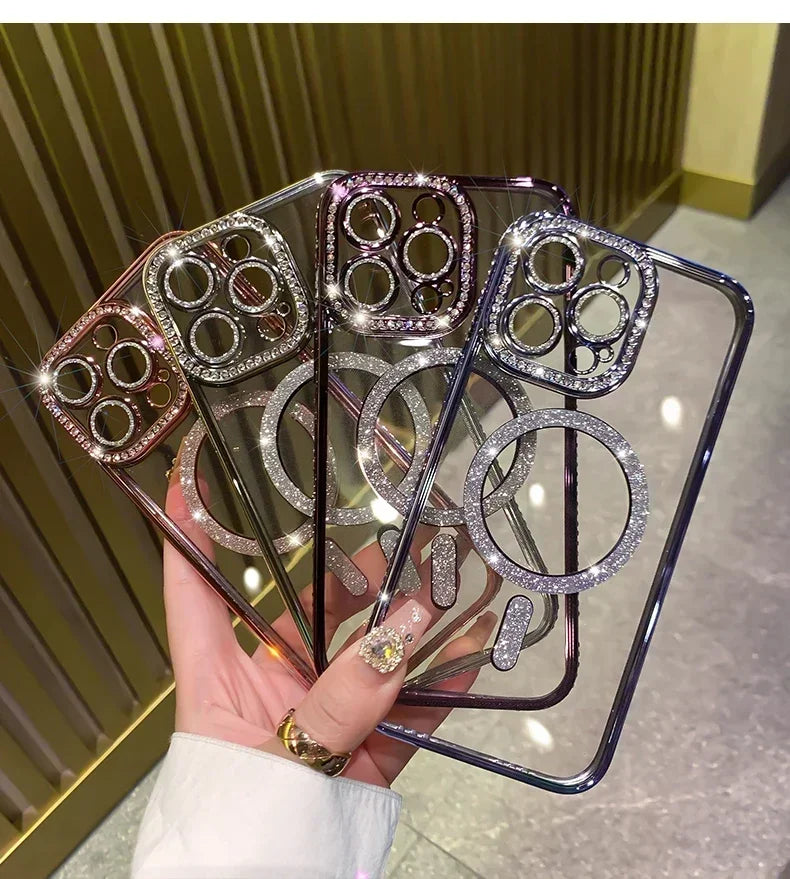 2024 New Fashion Glitter Diamond Transparent Case For iPhone 16 15 14 Plus 13 12 11 Pro Max Magnetic Wireless Charge Back Cover