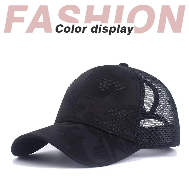 2024 New Summer Camouflage Mesh Trucker Hat Snapback Cap Chapeau Femme Fashion Messy Hair Bun Ponytail Baseball Caps for Women