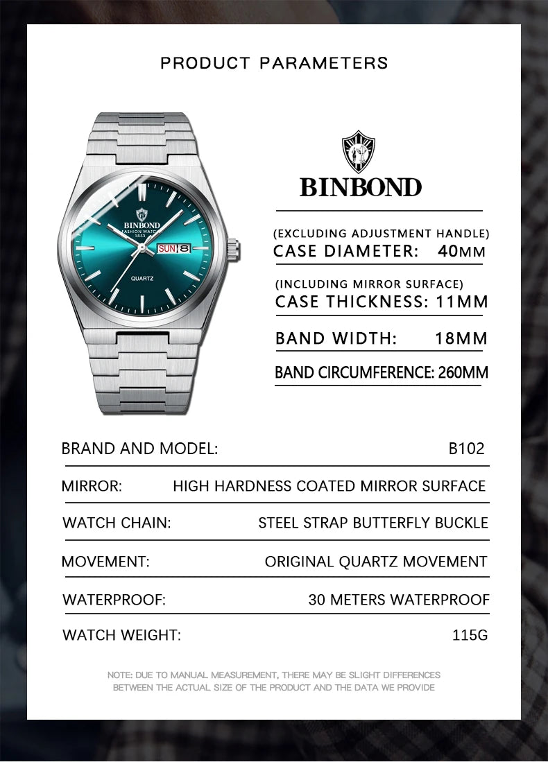 BINBOND Fashion New Men Business Watch Leisure Quartz Stainless Steel Buckle Watches Waterproof Luminous Calendar Men's Watches
