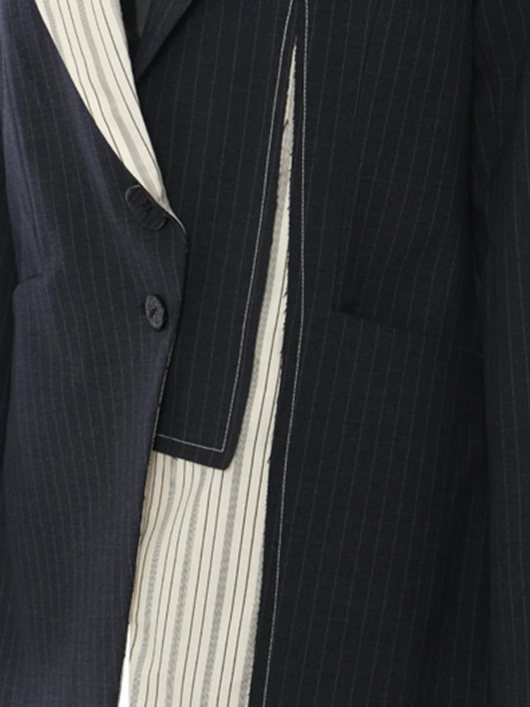 [EAM] Women Navy Blue Striped Irregular Elegant Blazer New Lapel Long Sleeve Jacket Fashion Tide Spring Autumn 2024 1DH5930