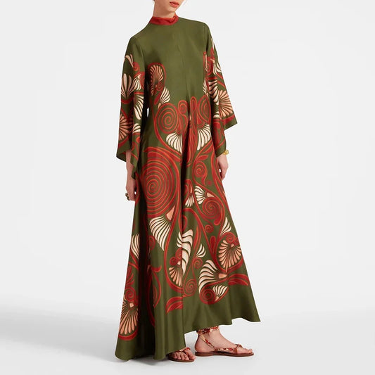 Ethnic Retro Spring Print Boho Long Dress Women Sexy Stand Collar Lace-up Party Dress Fall Long Sleeve Loose Ladies Maxi Dresses