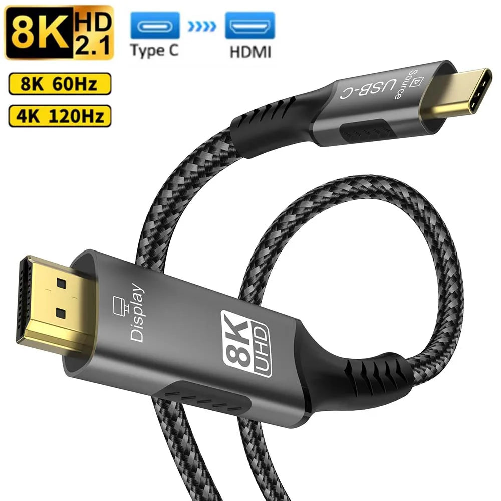 FDBRO USB Type C to HDMI 2.1 Cable Adapter 8K@60Hz,4K@60Hz 6FT Aluminum Type-C to HDMI Braided Cord for Laptop Tablet Galaxy S24