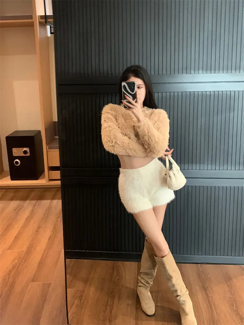Warm Fluffy Shorts for Women High Waist Autumn Winter Korean Style Fashion Elegant Hot Sweet Female All-match Street Wear Mujer
