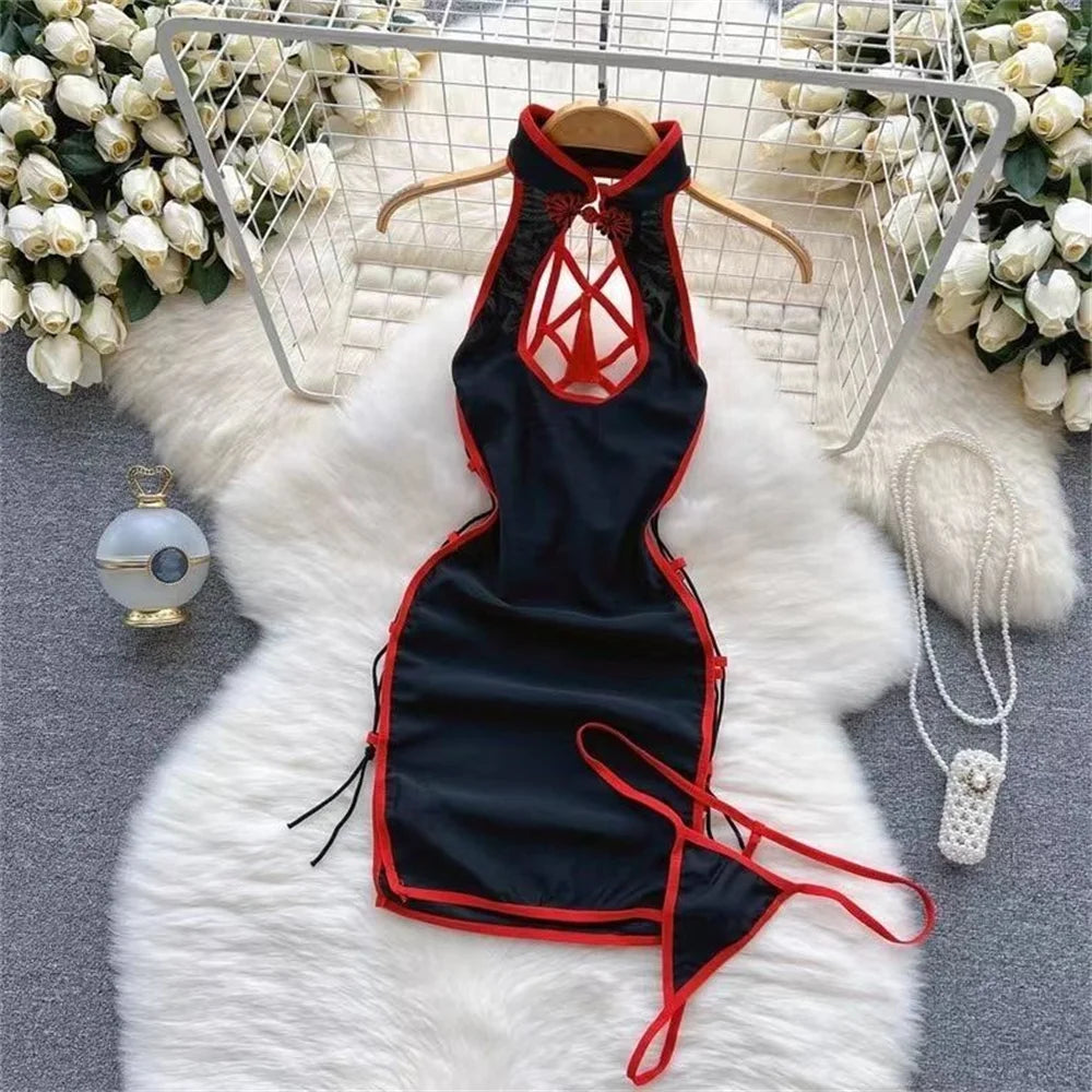 Japanese Sexy Print Kimono Slim Fit V-Neck Nightgown Loose Petal Sleeves Women's Erotic Lingerie Mini Irregular Patchwork Dress