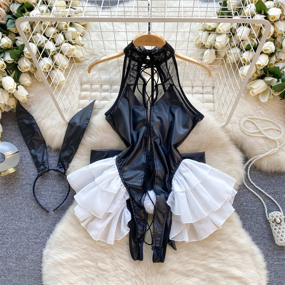 Japanese Sexy Print Kimono Slim Fit V-Neck Nightgown Loose Petal Sleeves Women's Erotic Lingerie Mini Irregular Patchwork Dress