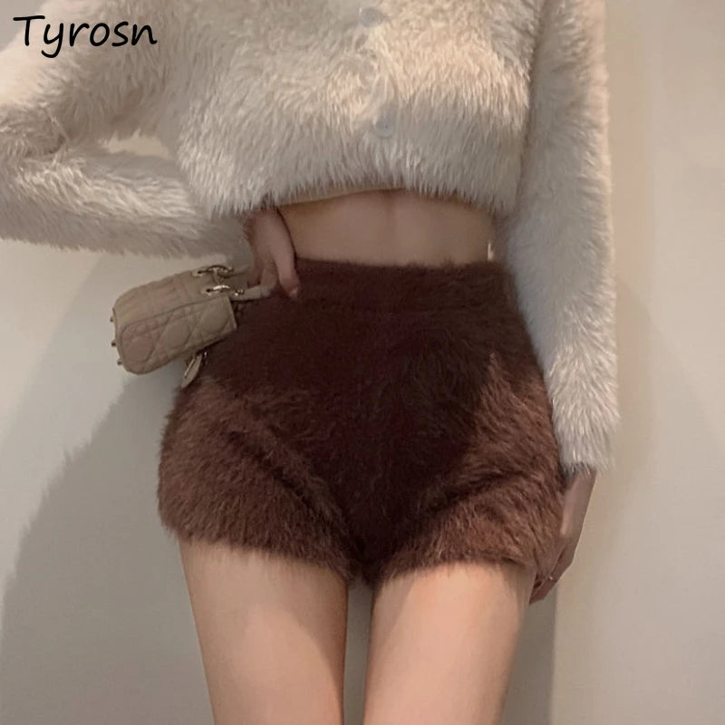 Warm Fluffy Shorts for Women High Waist Autumn Winter Korean Style Fashion Elegant Hot Sweet Female All-match Street Wear Mujer