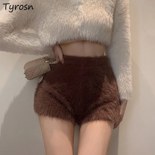Warm Fluffy Shorts for Women High Waist Autumn Winter Korean Style Fashion Elegant Hot Sweet Female All-match Street Wear Mujer