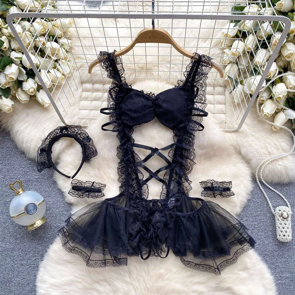 Girls Sexy Cute Japanese JK Uniform  Mini Checkered Strap Skirt Off Shoulder High Waist Elastic Cosplay Dress Hot Sweet Pajama