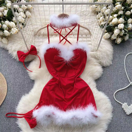 Christmas Sexy Night Dress Hotsweet Women's Dress Plush Splice Slim Bodycone Red Dress Cross Strap Halter Neck Party Short Dress