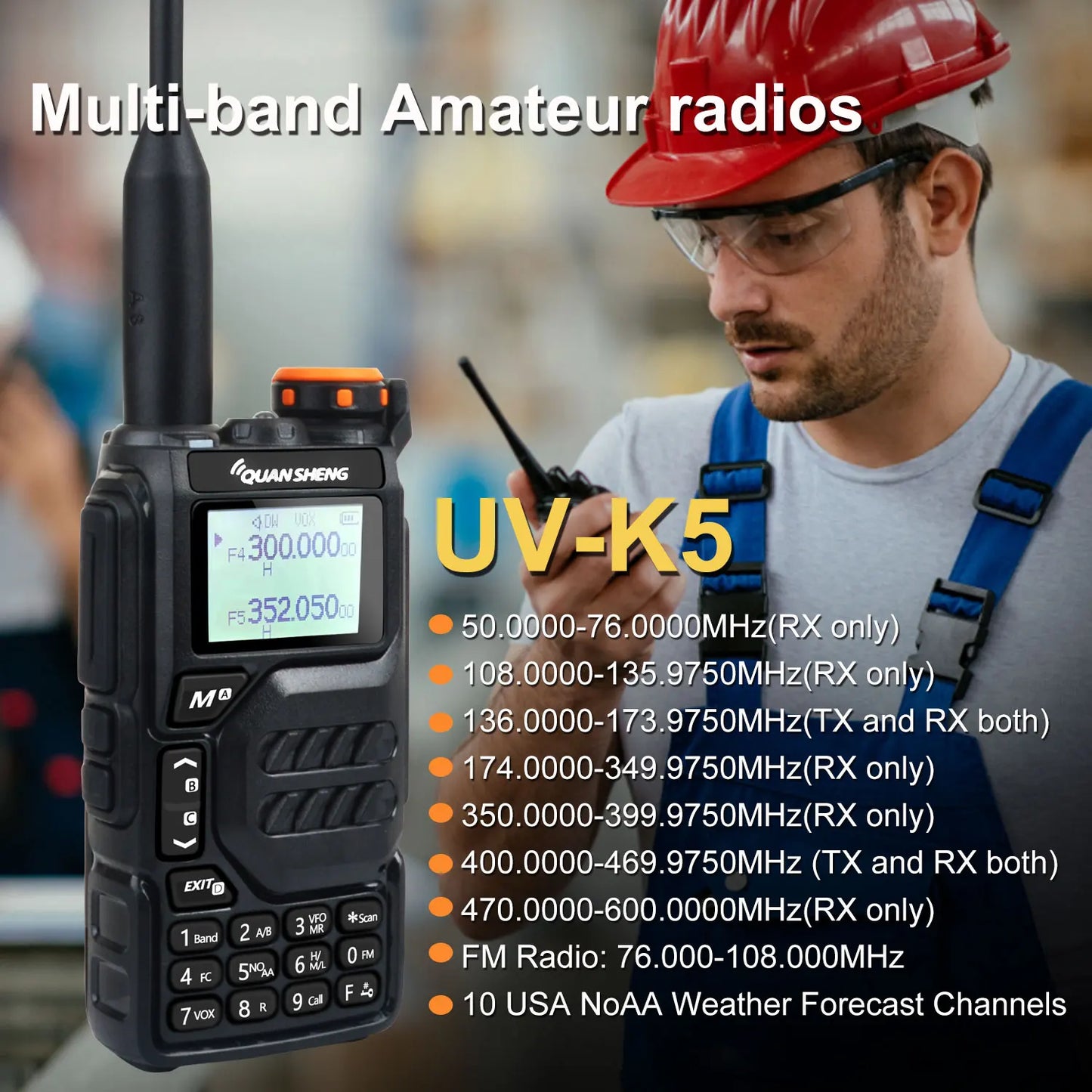 50-600MHz RX Walkie Talkie UV-K5 Quansheng VHFUHF 136-174MHz 400-470MHz RX TX Both DTMF VOX FM Air Band Wireless Freq Copy Radio