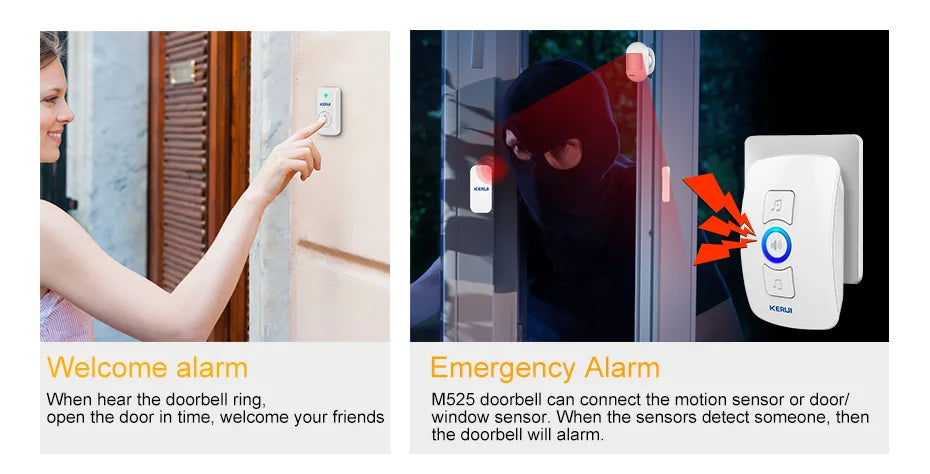 KERUI M525 Outdoor Wireless Doorbell Waterproof Smart Home Door Bell Chime Kit LED Flash Security Alarm Welcome House Melodies