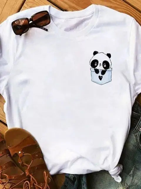 Maycaur Summer Women T Shirt Loose Tops Cute Panda Heart Print Short Sleeve Female Loose Casual T-shirt Ladies Top Teeadad