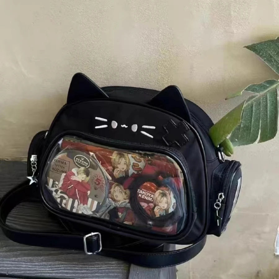 New Y2K Korean Kawaii Cat Ita Bag Cute PU Shoulder Bag Girls Transparent Pocket Harajuku Crossbody Bag Women's Fashion Backpacks