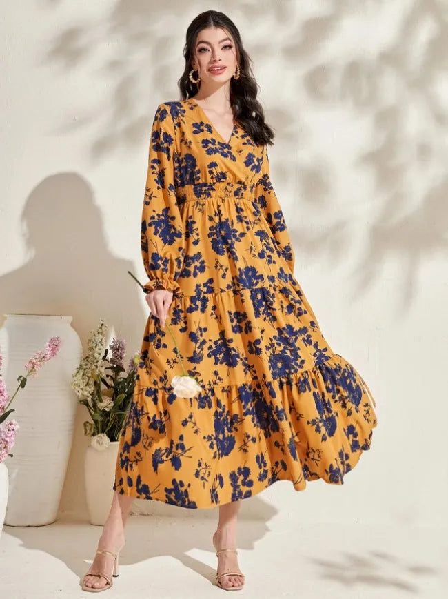 Autumn Women's New Sexy V-neck Fashionable Printed Cake Long Sleeves Medium To Long Length Casual Comfortable Dress For Women