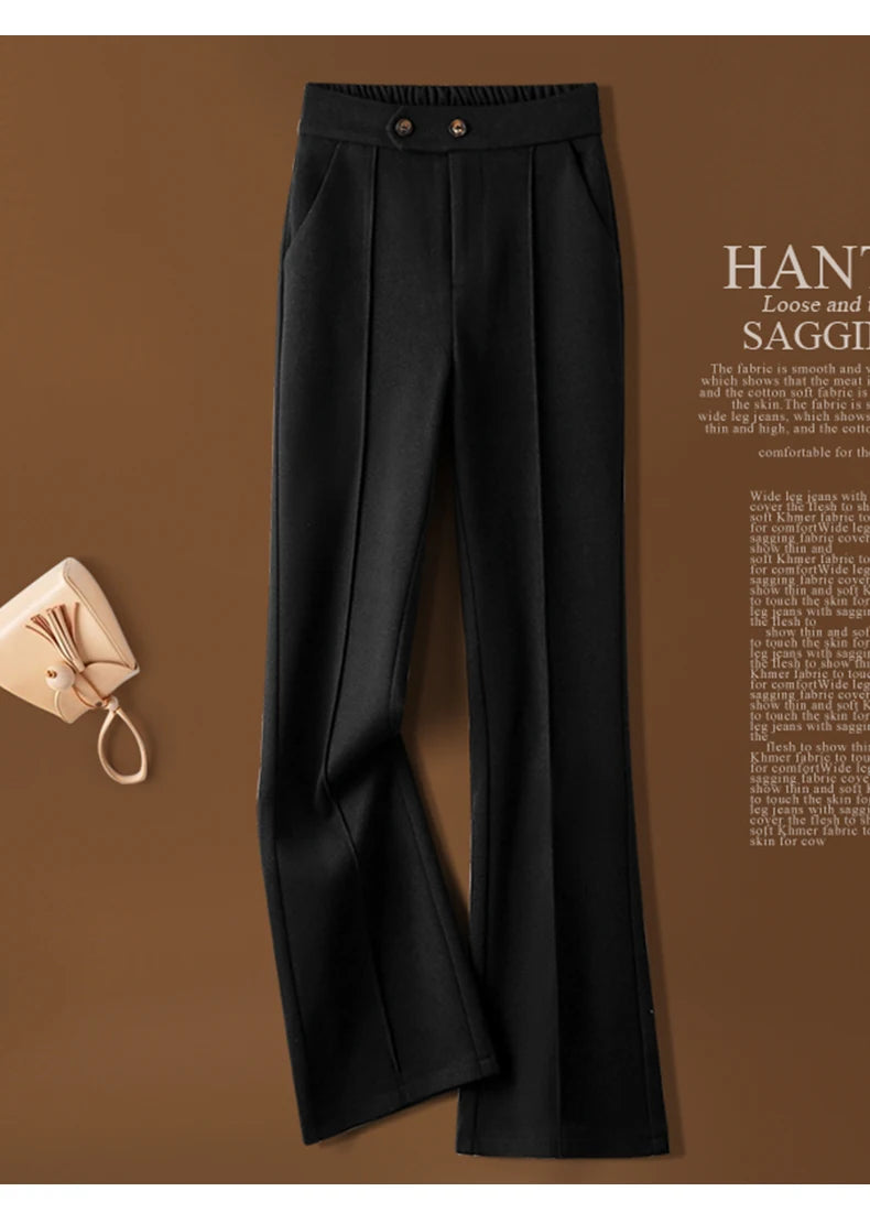Herringbone Woolen Women's Pants Autumn and Winter 2024 New Elastic Waist Flare Pants Fashion Warm Comfort Black Trousers Women
