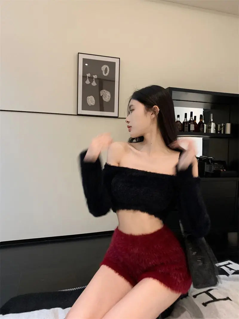 Warm Fluffy Shorts for Women High Waist Autumn Winter Korean Style Fashion Elegant Hot Sweet Female All-match Street Wear Mujer
