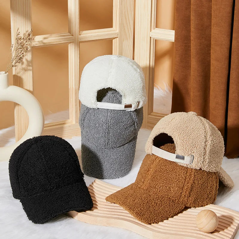 New Winter Women Baseball Cap Men Artificial Lamb Wool Duck Tongue Hats Plush Thickened Warm Fashion Solid Velvet Sunshade Hat