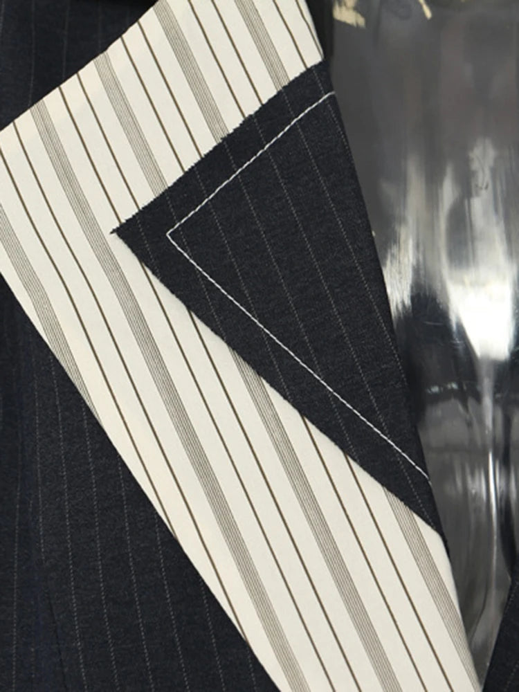 [EAM] Women Navy Blue Striped Irregular Elegant Blazer New Lapel Long Sleeve Jacket Fashion Tide Spring Autumn 2024 1DH5930