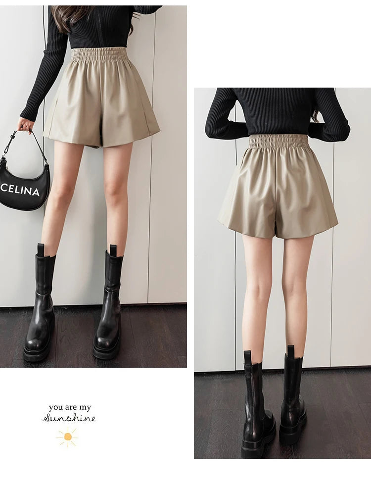 Mini Shorts Women Autumn Winter Chic Korean Elastic High Waist PU Leather Shorts Female Coffee Loose A-line Shorts S-XXL