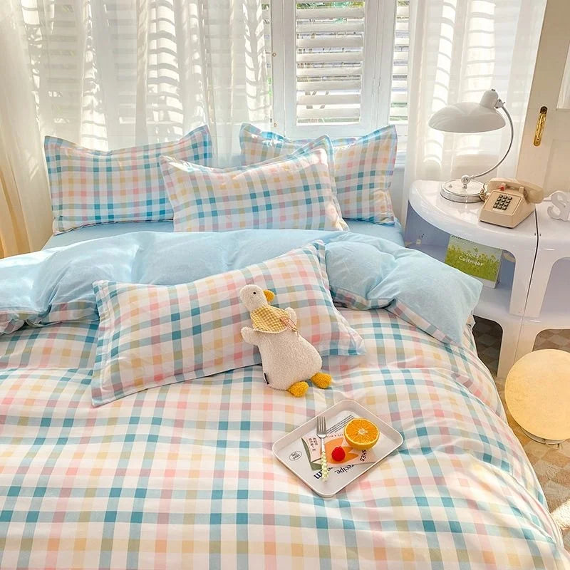 Ins Simple Style Duvet Cover Set with Pillowcases Flat Sheet No Comforter Grey Boys Girls Bedding Kit Single Twin Bed Linens