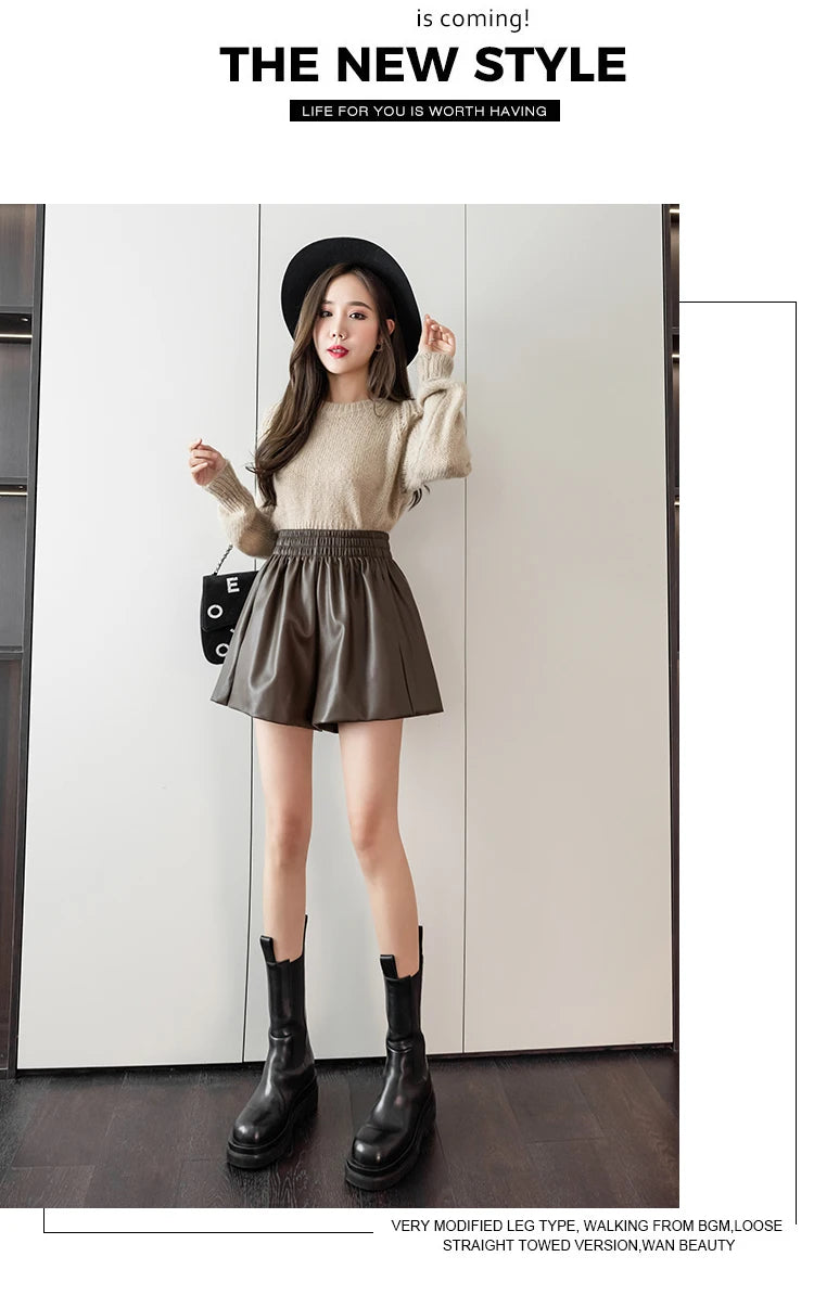 Mini Shorts Women Autumn Winter Chic Korean Elastic High Waist PU Leather Shorts Female Coffee Loose A-line Shorts S-XXL