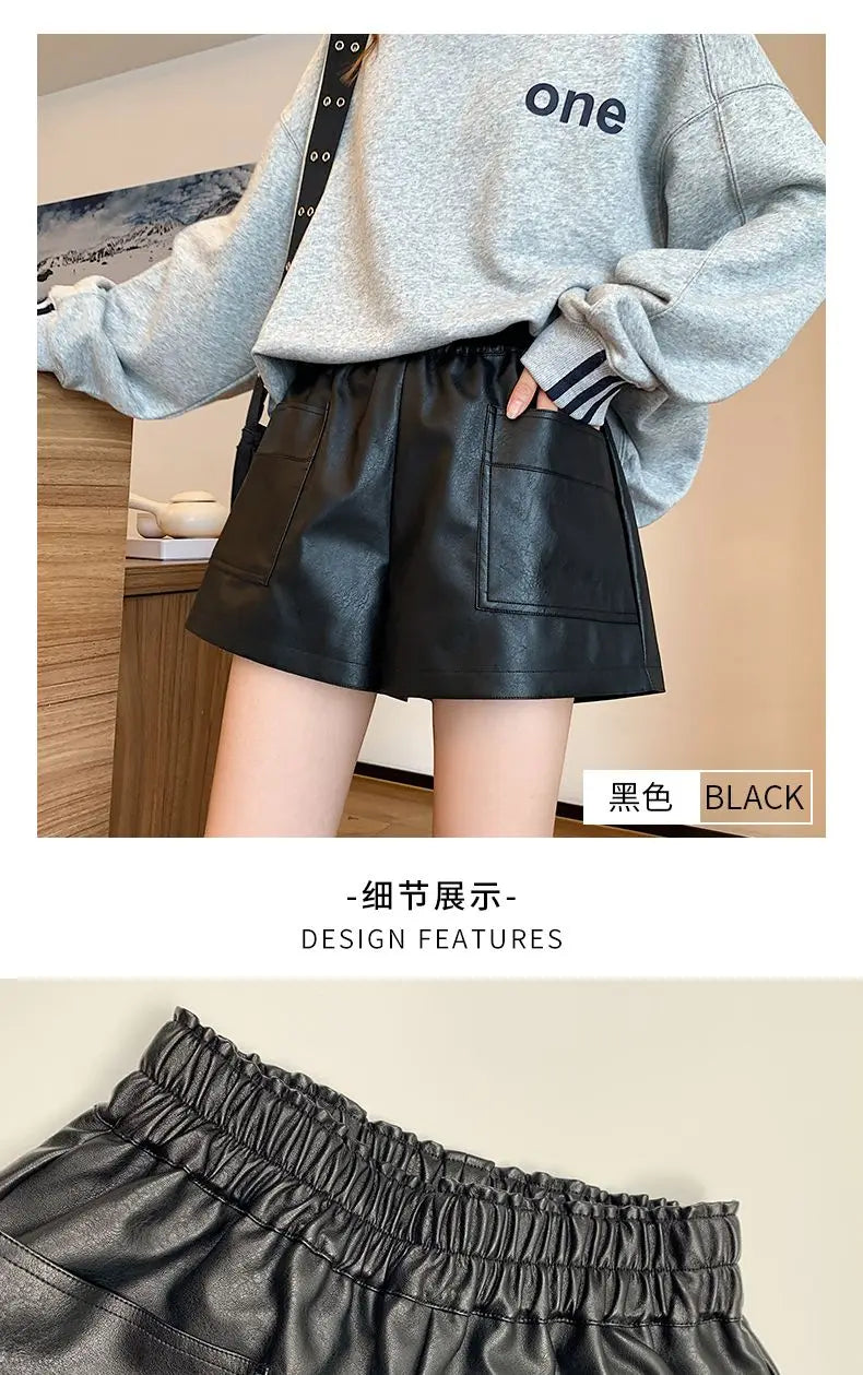 Shorts Women Ulzzang Chic Elastic Waist Pockets Loose Simple Pure Black Trendy Ins PU Leather Fall Casual 3XL Female All-match