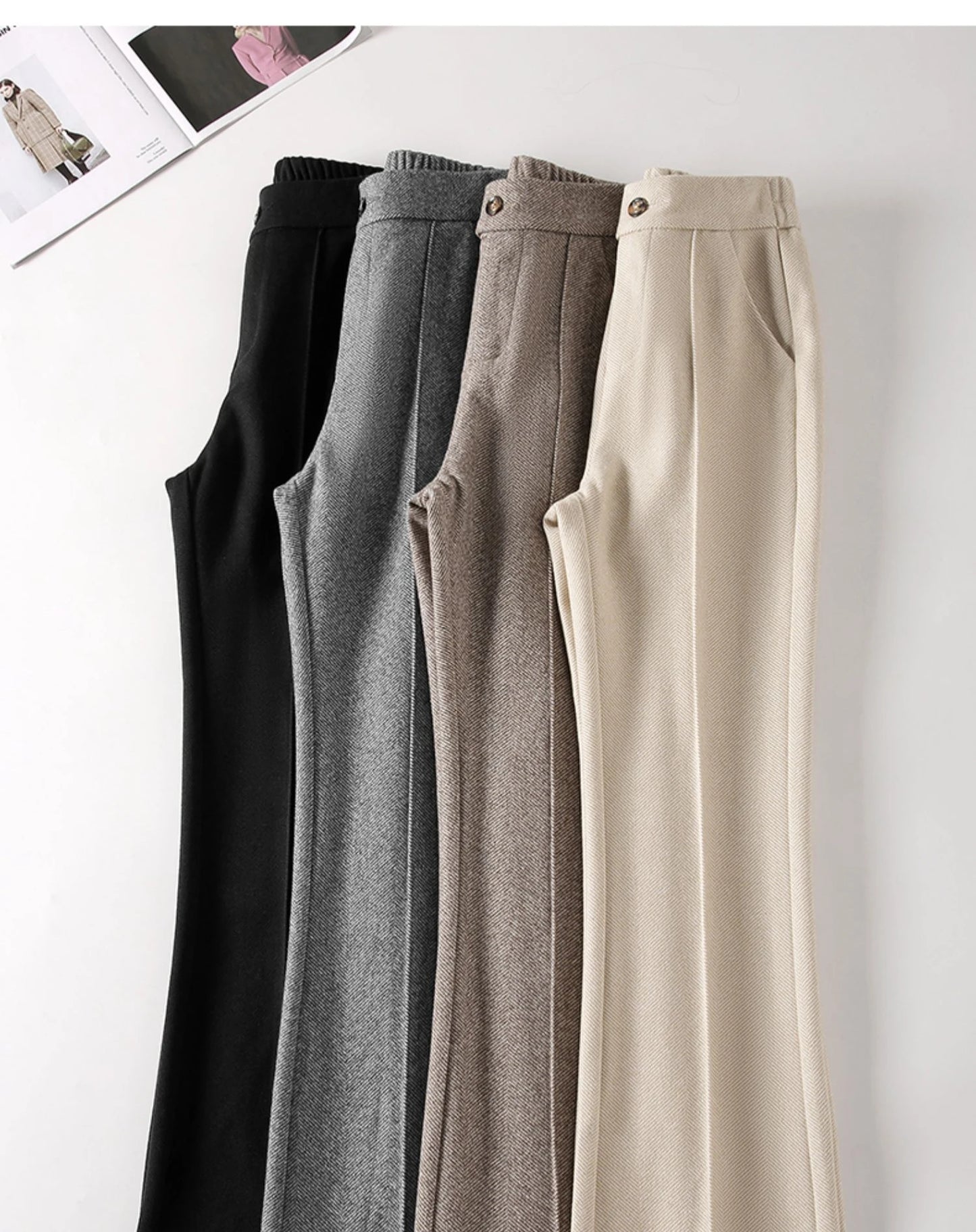 Herringbone Woolen Women's Pants Autumn and Winter 2024 New Elastic Waist Flare Pants Fashion Warm Comfort Black Trousers Women
